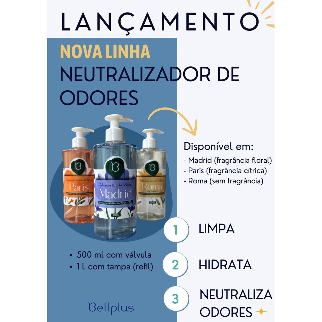 Sabonete Líquido 1 Litro ou 500Ml Neutralizador de Odores Bellplus