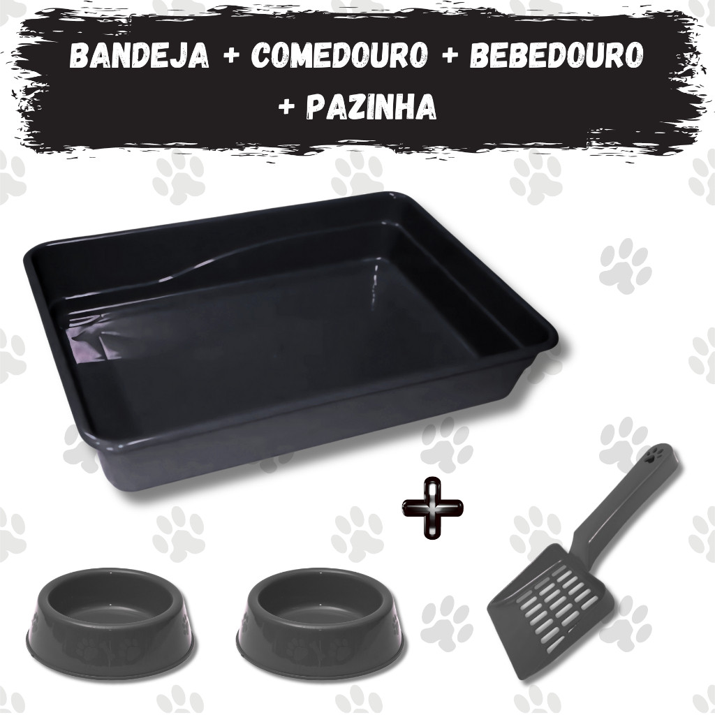 Kit Caixa de Areia para Gatos Bandeja Higiênica Comedouro Bebedouro