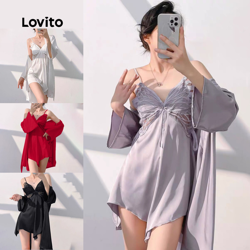 Lovito Conjunto Lingerie Pe As Cetim Bojo La O Borboleta Branco