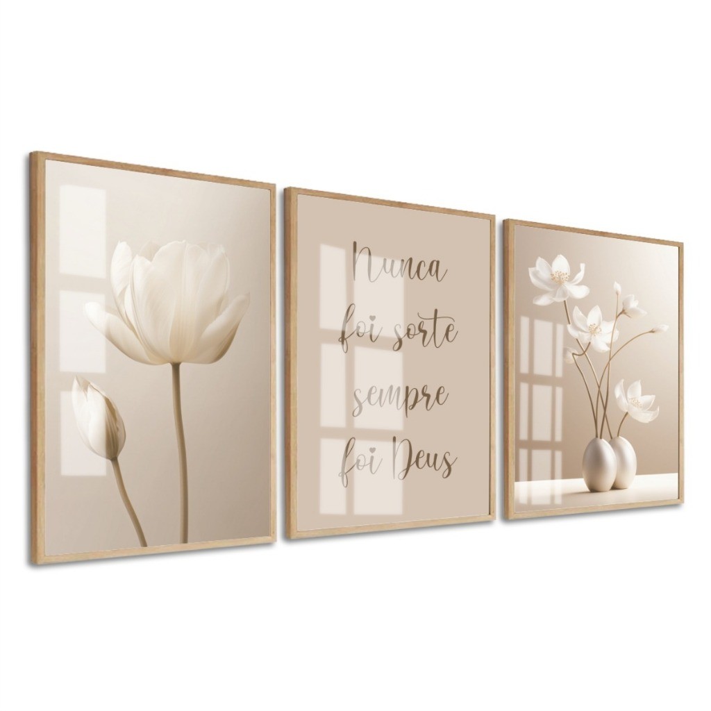 Quadro Decorativo Flores Tons Nude Bege Frases Moldura E Vidro Sala