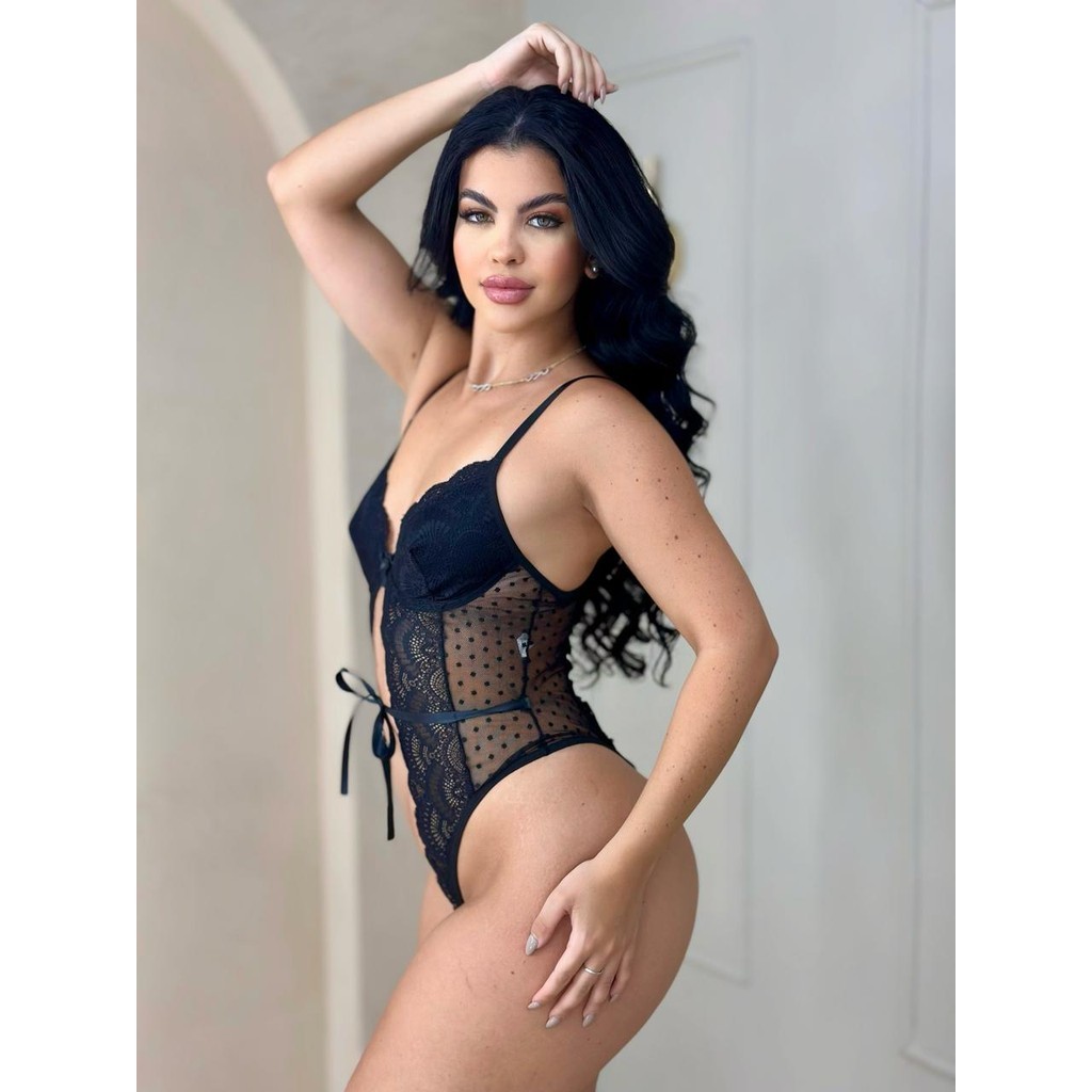 Body Renda Sensual Abertura Fita De Cetim Lingerie Sensual Completa