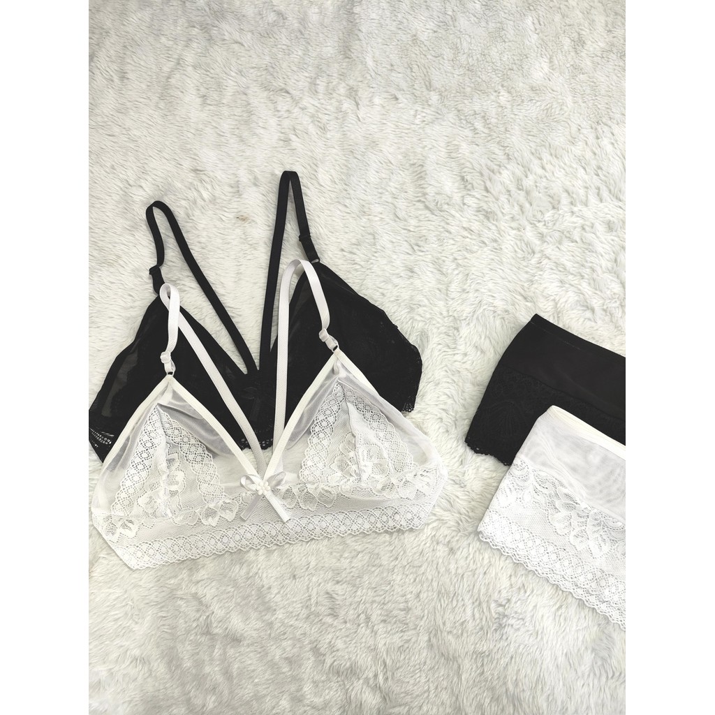 Kit Conjunto Lingerie Tuane Tule Transparente Sexy Branco Preto Renda