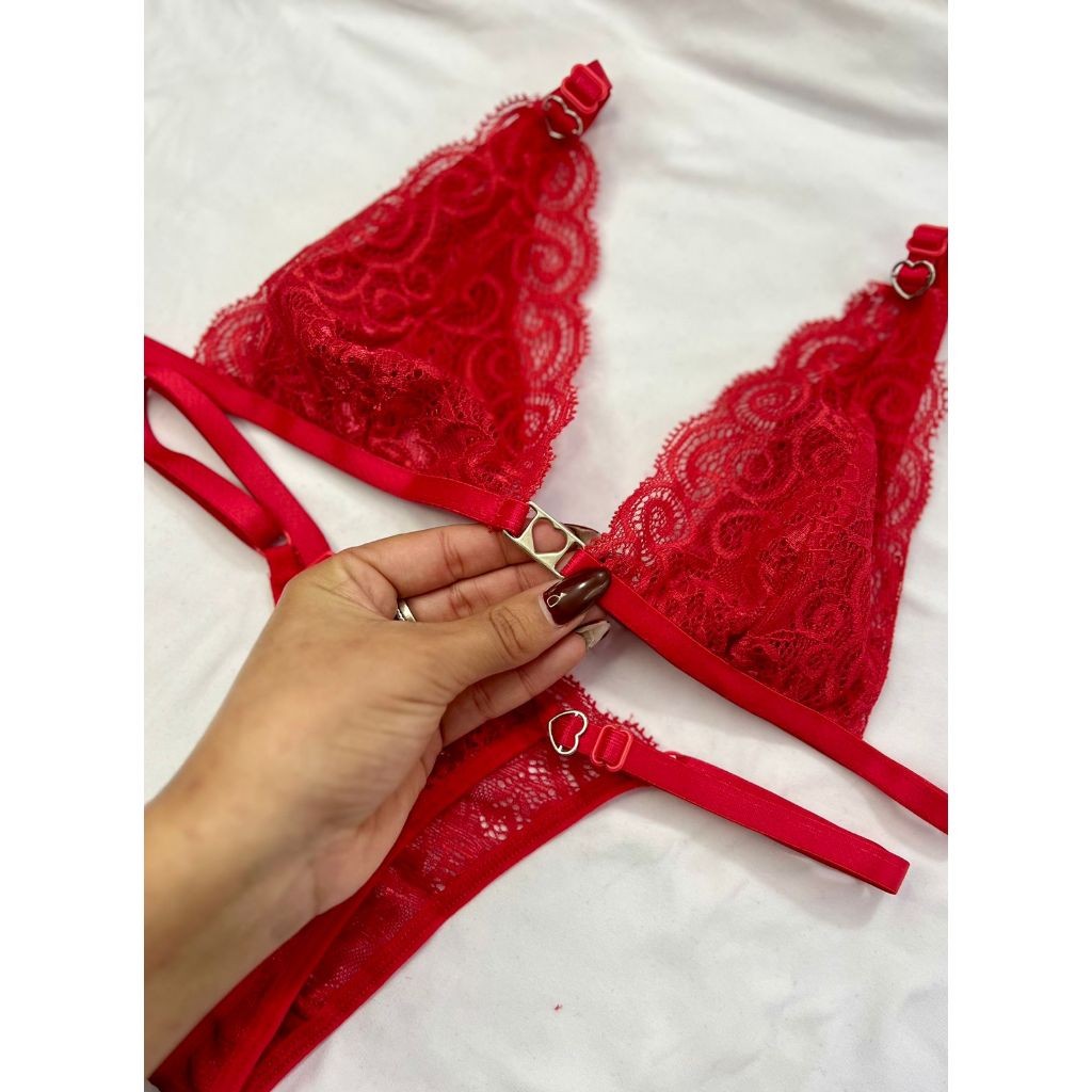 Conjunto Lingerie Coração Dourado Sem Bojo Calcinha Fio Dental Sexy