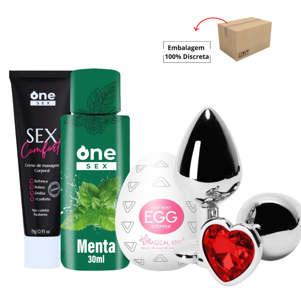 Kit Plug Anal Tamanho M Coração Gel Beijável One Sex Menta Egg