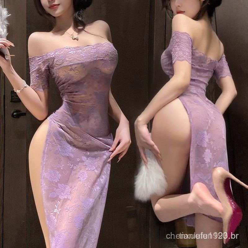 Lingerie sexy renda transparente sexy um pescoço roxo Cheongsam