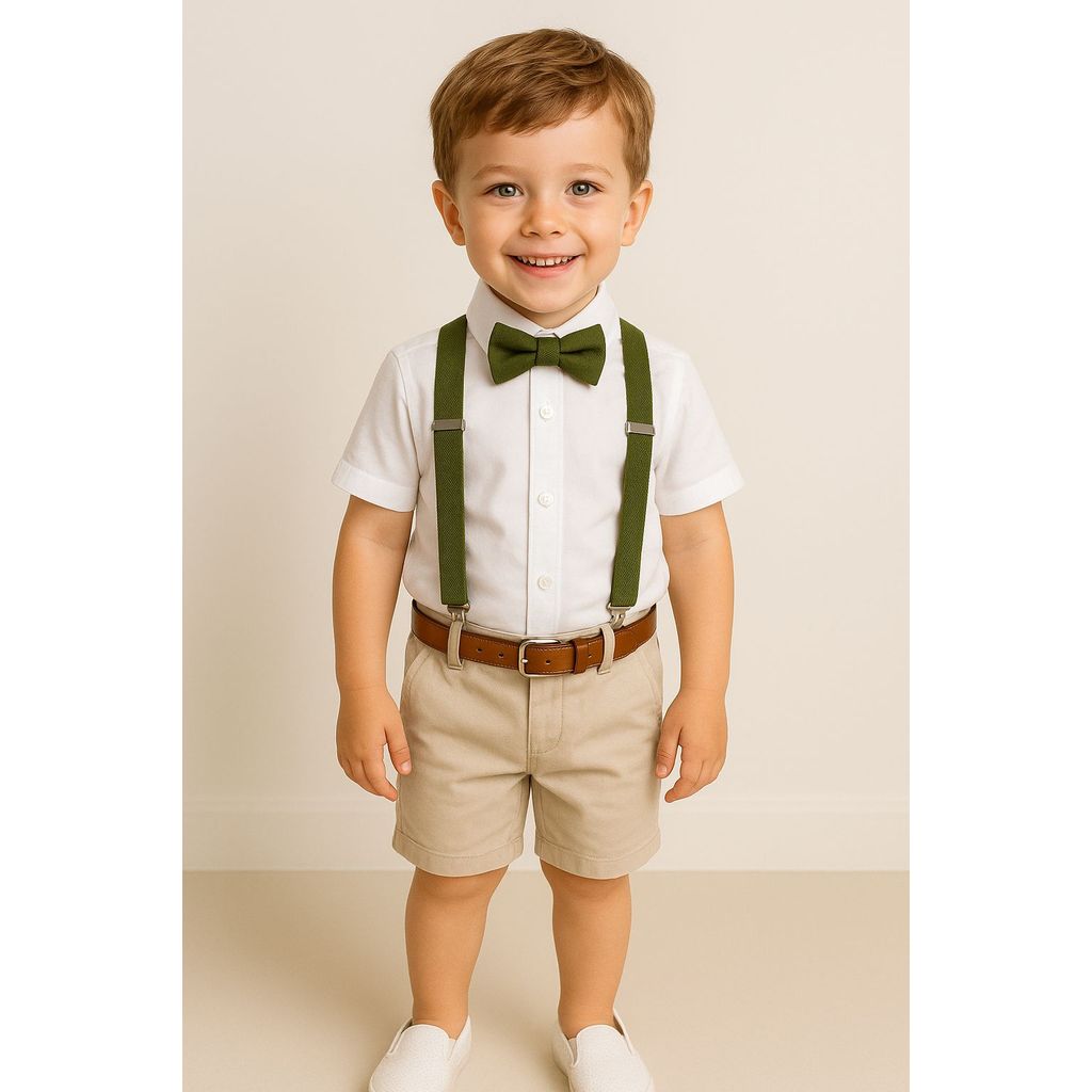 Conjunto Roupa Social Bermuda Nude Cinto Camisa Branca Suspensorio E