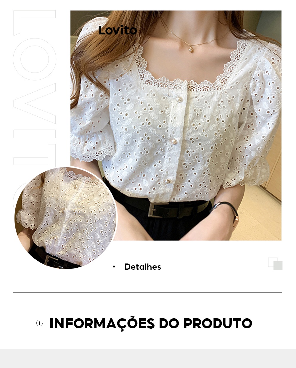 Lovito Casual Blusa Feminina Lisa Ilhós Bordados Fivela de Pérola e