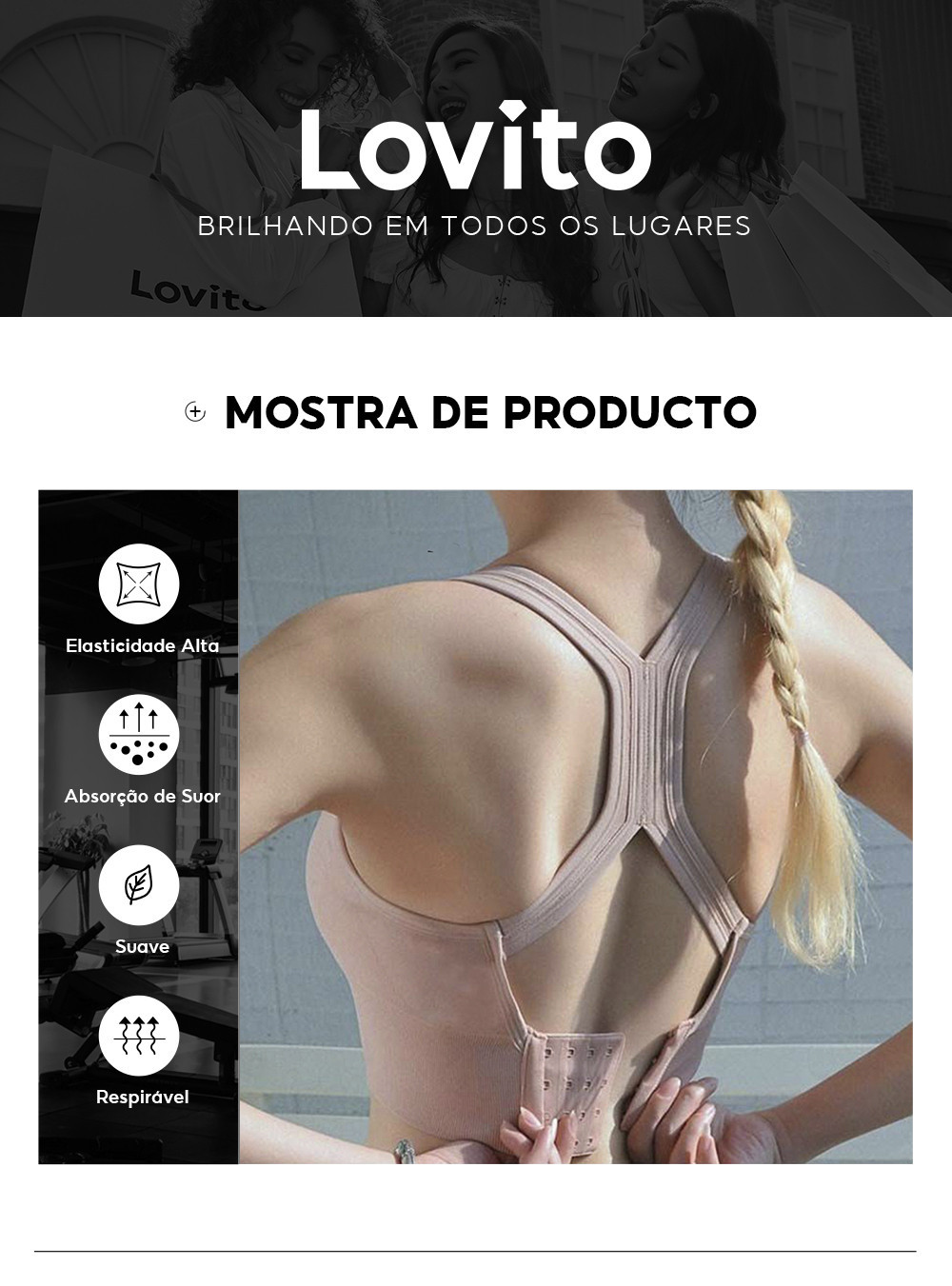 Lovito Sutiã Esportivo Costas Nus Cruzado Simples para Mulheres