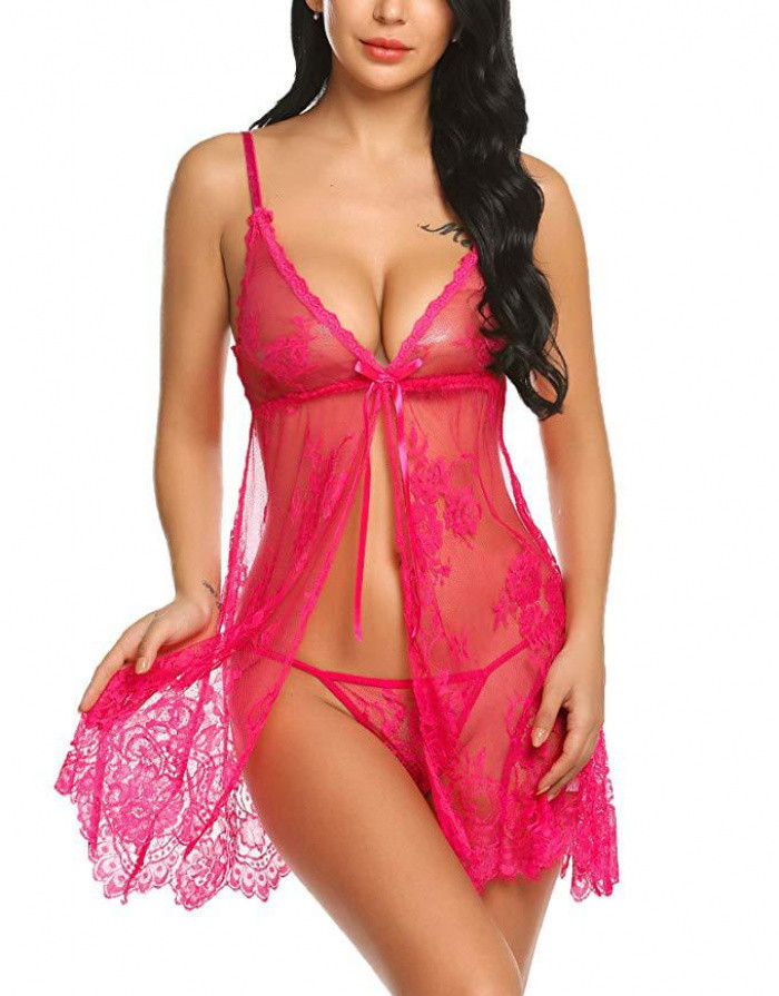Conjunto de Lingerie Sexy Alças de Renda Transparente e Frente