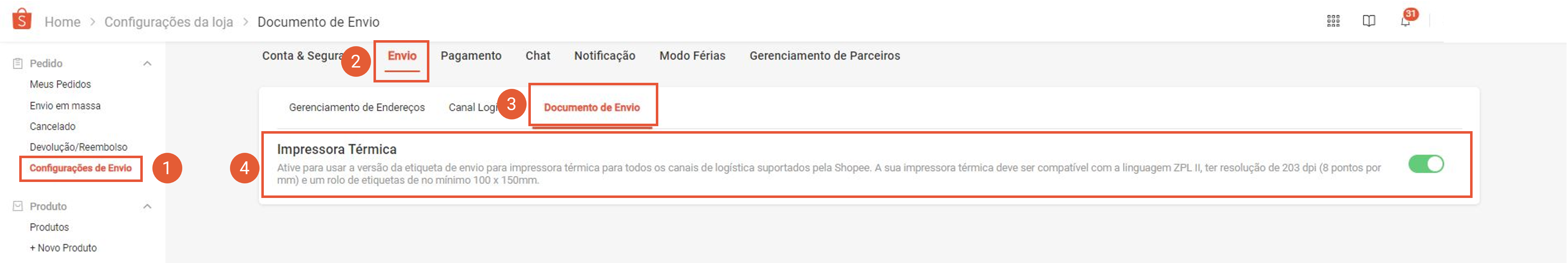 Tela de configurações de envio da Central do Vendedor