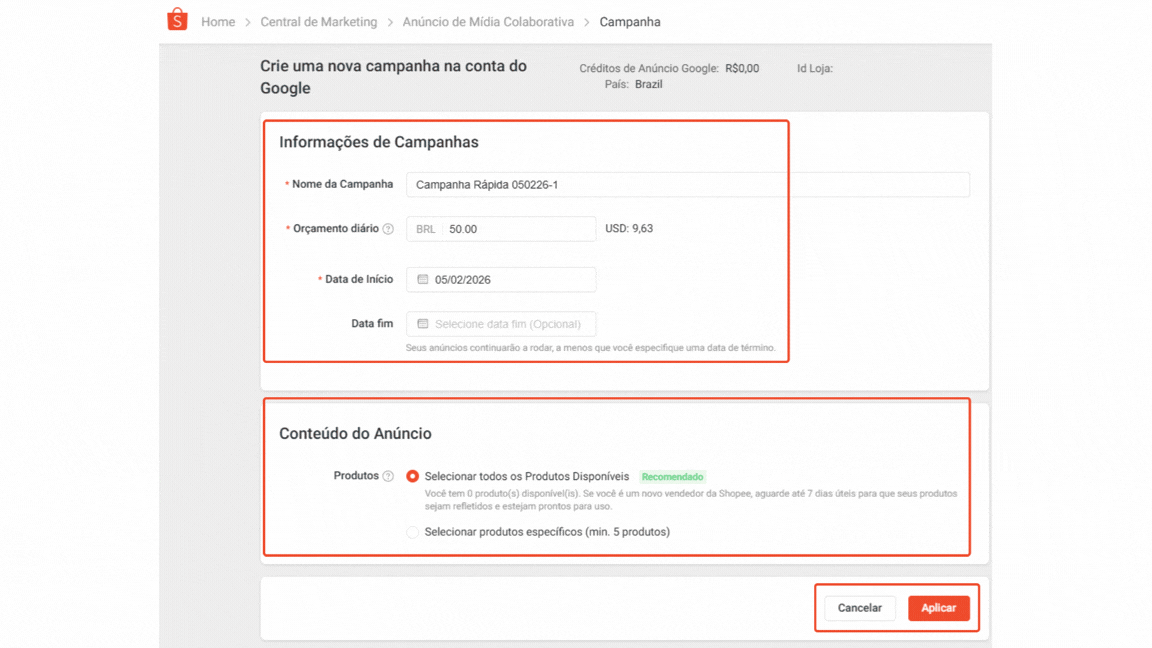 Adicionando produtos à sua campanha