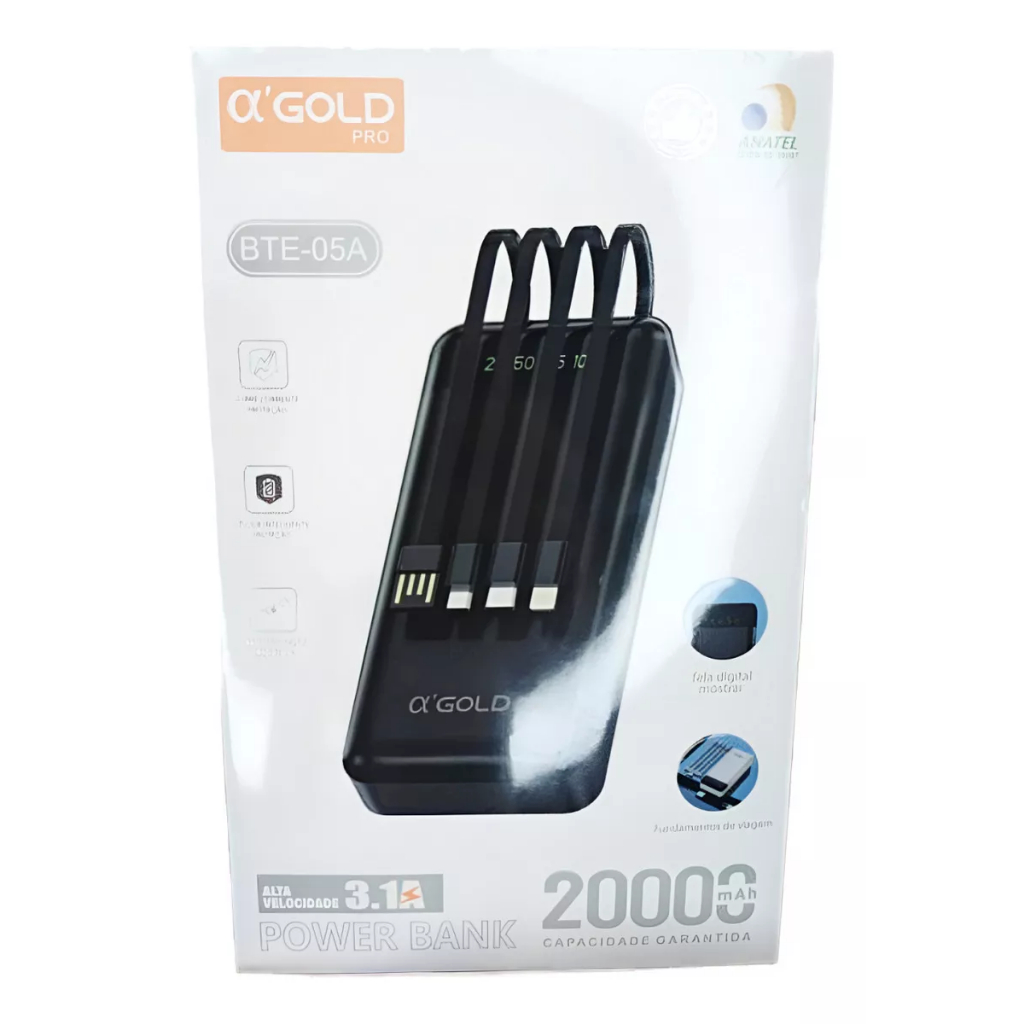 Power Bank 20.000 Mah Universal 4 Cabos Embutidos Qc 3.1a Cor Preto Power Bank 20.000 Mah Universal 4 Cabos Em