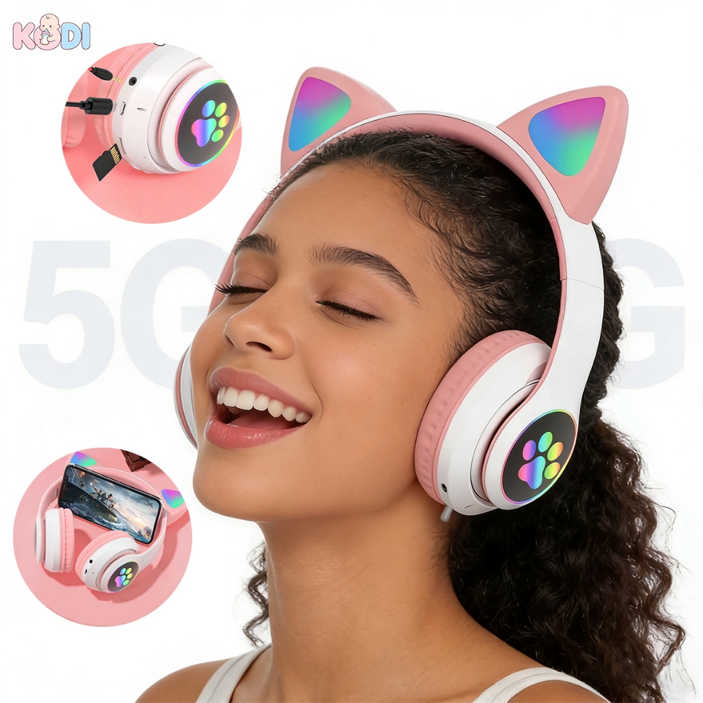 Fone Bluetooth com orelhas de gato LED/Fone Bluetooth de cabeça/Fone de ouvido Bluetooth 5.0  sobre a orelha 3