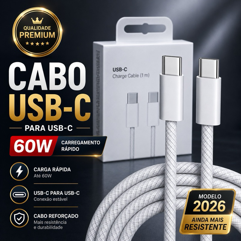 Cabo USB-C Para USB-C 60W Carregamento Rapido Turbo Tipo C Reforçado USB C Tipo c Carregador Compativel Celula