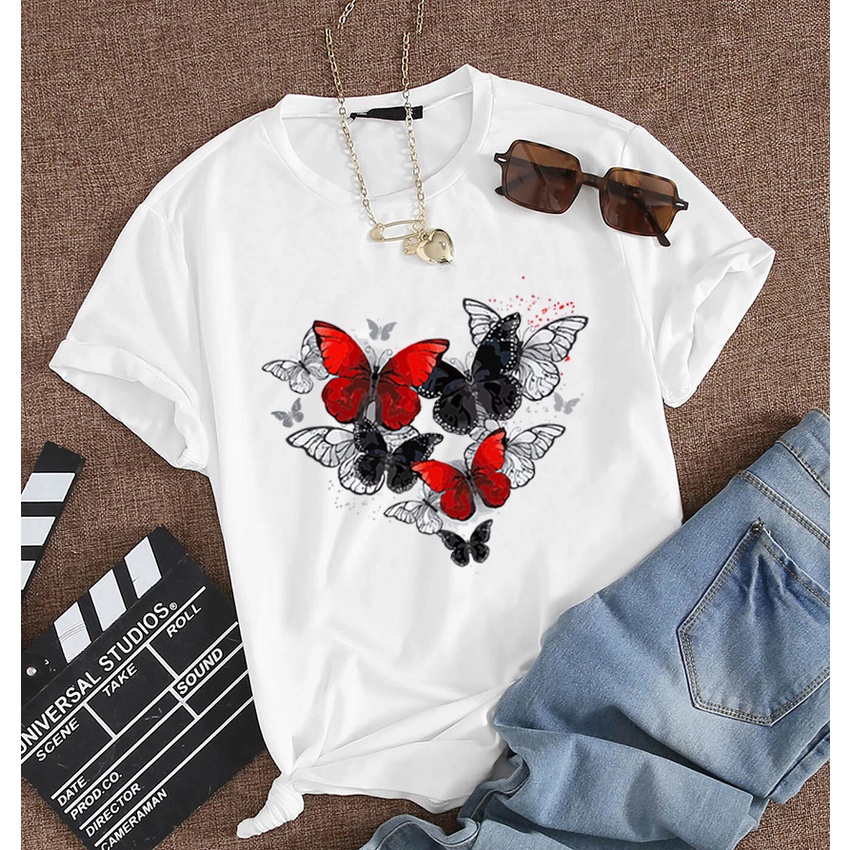 Camiseta feminina borboleta pretas e vermelhas shein branca