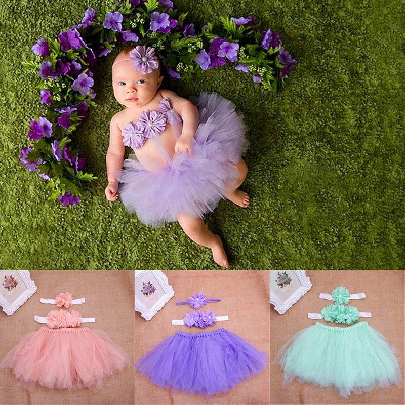 3 Pçs Roupas De Menina Bebê Criança Flor + Faixa De Cabeça + Saia Tutu Foto Prop