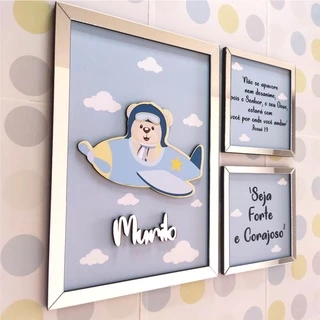 Kit 3 Quadros Personalizado Com o Nome Menino Quarto Baby Bebê Urso Aviador Ursinho Aviador Ursinho Infantil Kids Nuvens quadro para bebe