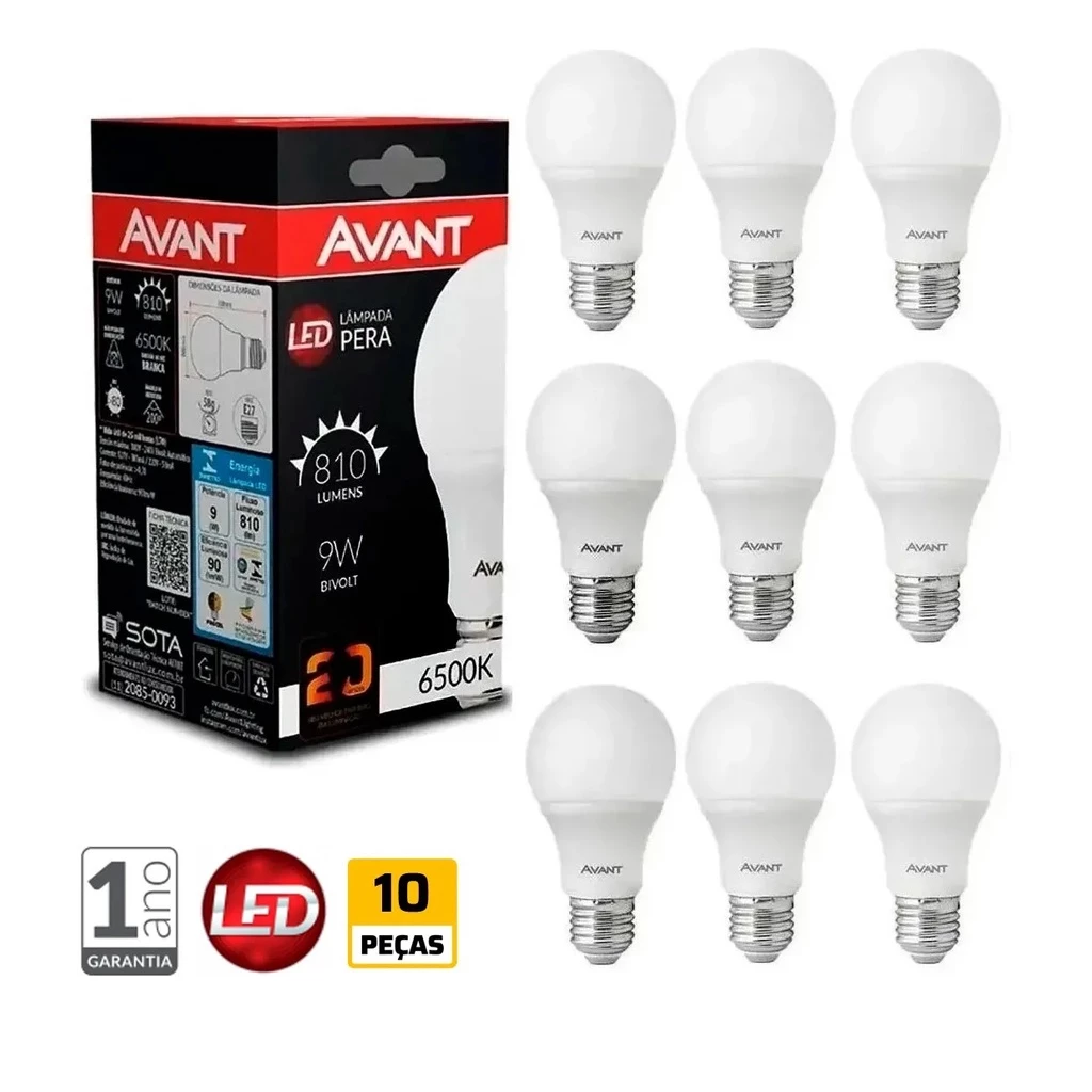 Kit com 10 Lâmpadas LED 9W Bivolt Branco Frio 6500K Avant