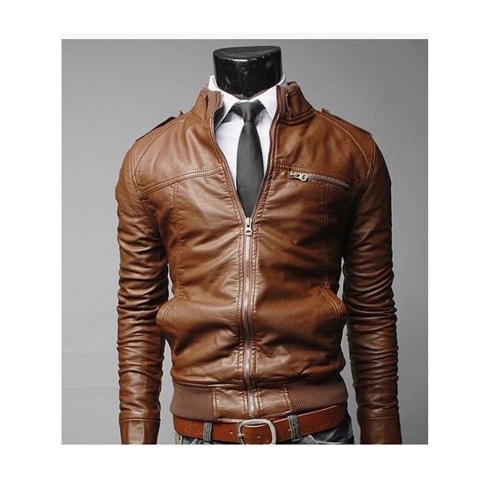 Men's Stand Collar Leather Jacket Motorcycle Lightweight Faux