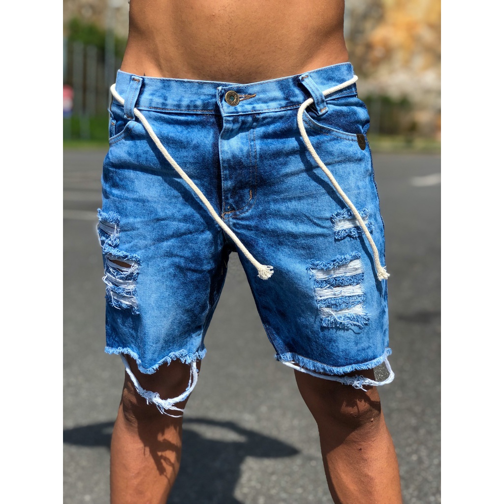 Bermuda Jeans Rasgada Masculina Curta Com Cinto De Corda Sisal