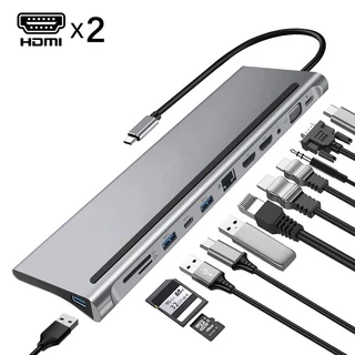Estação De Ancoragem 12 Em 1 Tipo C Dual HDMI * 2 VGA Audio TF/SD Ethernet PD USB-HUB Portátil Macbook pro Docking Station