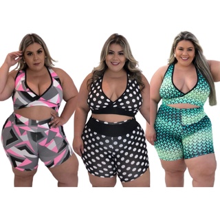 Kit 3 Conjuntos de Academia Plus Size Roupas de Ginástica Short + Top Fitness Musculação Caminhada