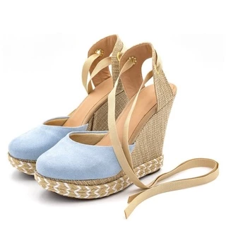 Sandália Feminina Salto Anabela 3112 Camurça Azul Serenity