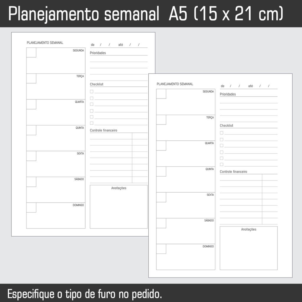 Pack 6 folhas A5 planner semanal