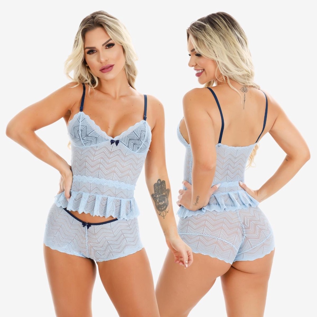 Pijama / Baby Doll Feminino Sexy Liso de Romantic de Renda - Short