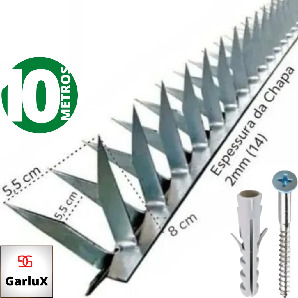 Protetor De Muro Mandíbula 20 Lanças Protetoras de 50cm 40 Parafusos Com Buchas Para Instalação Total 10 metros