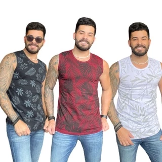 Kit 3 camisetas regata estampadas cores variadas 100% algodão do P ao GG .