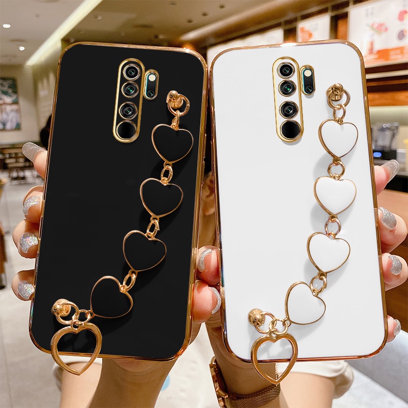 Caixa de cor sólida Xiaomi Redmi Note 8 2021 Note 8 Pro Love Heart Pulseira Caixa Luxo Moldura Quadrada para Telefone