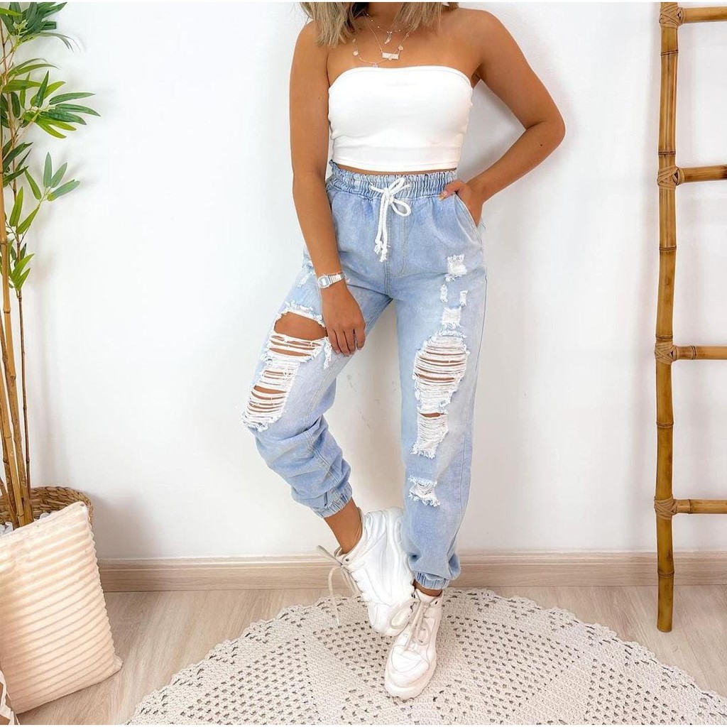 Calça Jeans Feminina Moletom Jogger Hot Pants Elastano