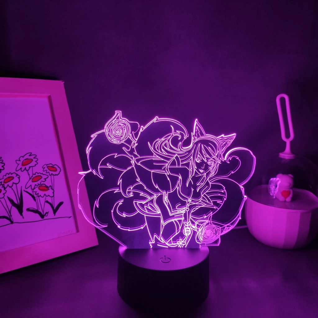 LOL League of Legends Game Figure Ahri The Nine Tailed Fox Lâmpadas 3D Led RGB Neon Luzes Noturnas Sala De Estar Decoração De Mesa