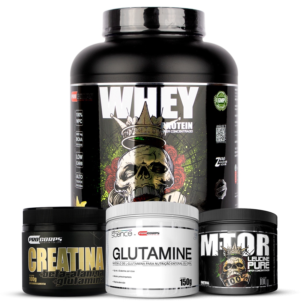 Whey 100% 2kg Pro Corps + Creatina + Glutamina + M-tor