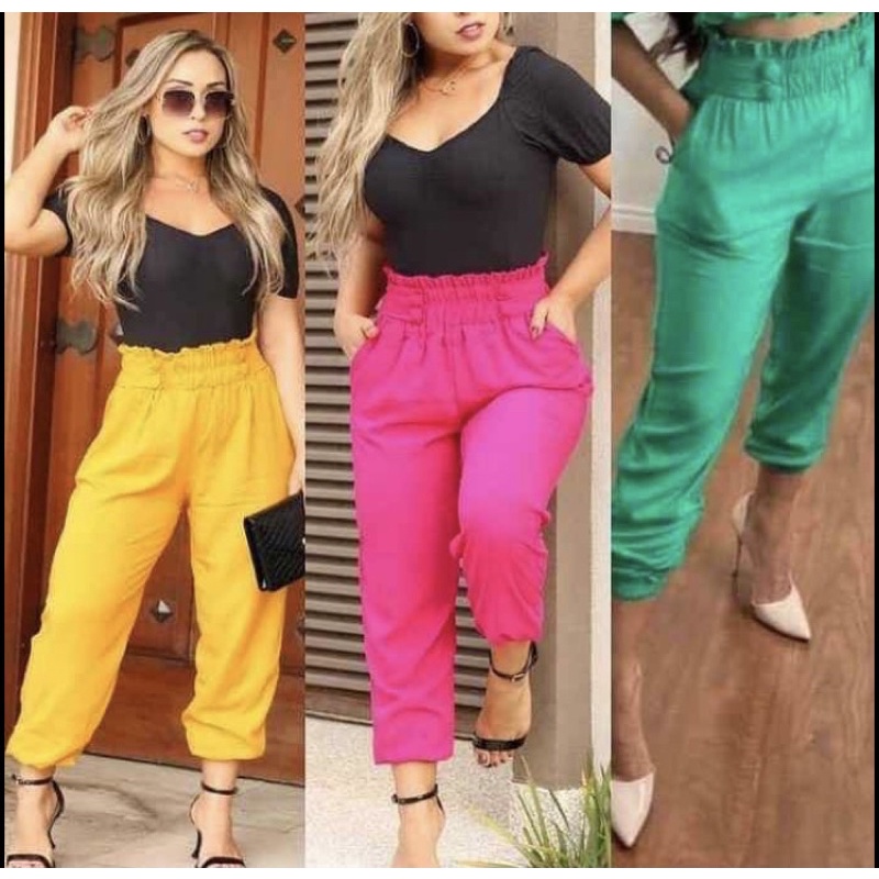 Calça feminina de tecido store com elastico na cintura