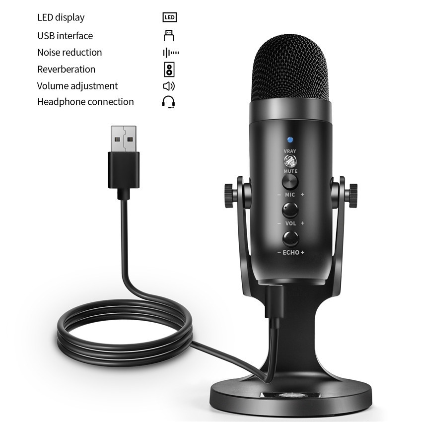 Microfone USB Podcast com luz, microfone condensador para celular
