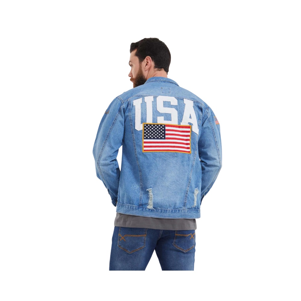 Jaqueta Jeans Masculina Txc Custom Country Bordado Bandeira Dos Estados  Unidos EUA - Ref. 7126