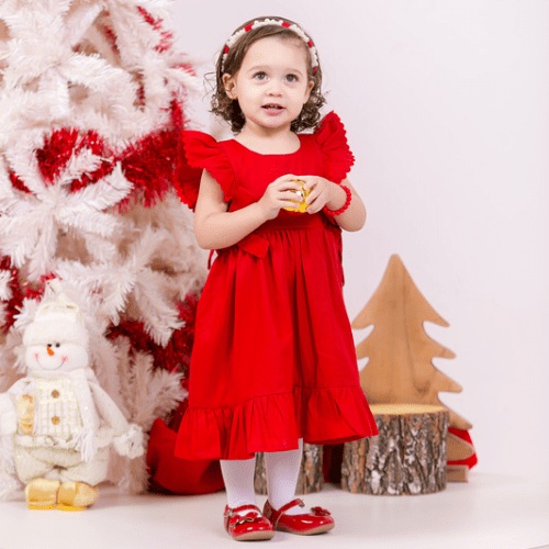 Vestido Infantil Vermelho Dourado Natal Festa Moranguinho Minnie