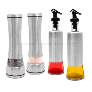 2 Moedor Sal Pimenta Inox + 2 Galheteiro Dosador Aço Inox 300ml