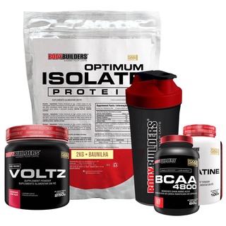 Kit Optimum Isolate Whey Protein 2kg, Voltz 250g,Creatina 100g, Bcaa4800 120Cáps, Coqueteleira-Bodybuilders
