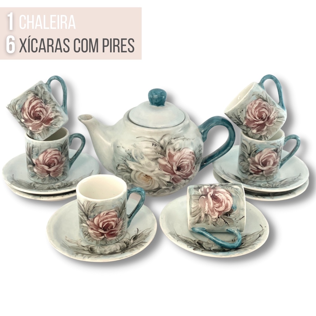 Jogo de 6 Xícaras de Café Cônica Coquinho 70 ml e Açucareiro de Porcelana  Pintado à Mão ROSAS BRANCA ROSA/CARAMELO - PINTANDO ARTE ATELIÊ