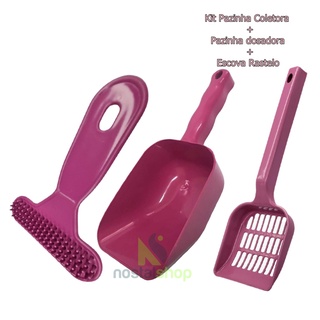 Kit Pá Pazinha Higiênica Coletora + Pá Dosadora + Escova Rasqueada Para Pentear Cachorro Gato