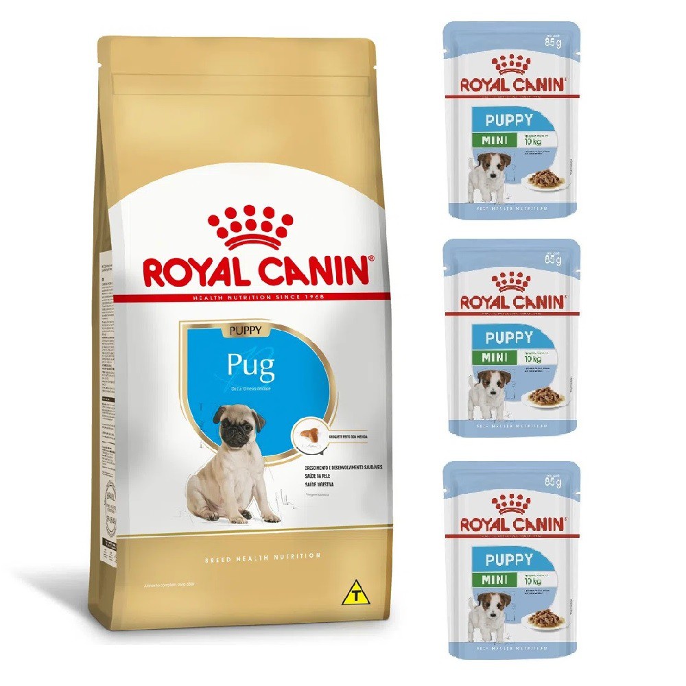 Kit Royal Canin Ração Pug Filhote 1Kg + 3 Unidades Sachê Mini Puppy ...