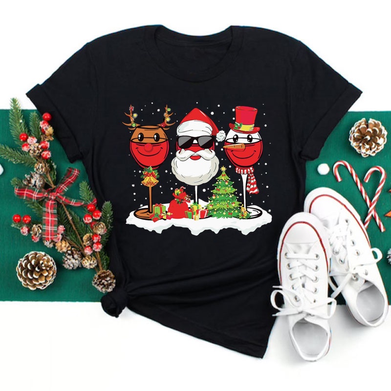 Nova moda de Natal Mulheres T-shirt Três copos de vinho Árvore de Natal Papai Noel Print Feliz Ano Novo 2023 Senhoras Casual Manga Curta Tops Roupas