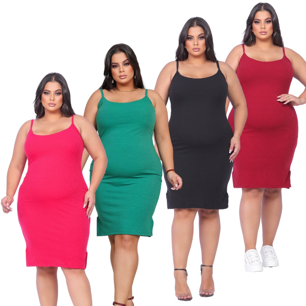 Kit Vestido Feminino Plus Size Gordinha Malha Canelado Básico