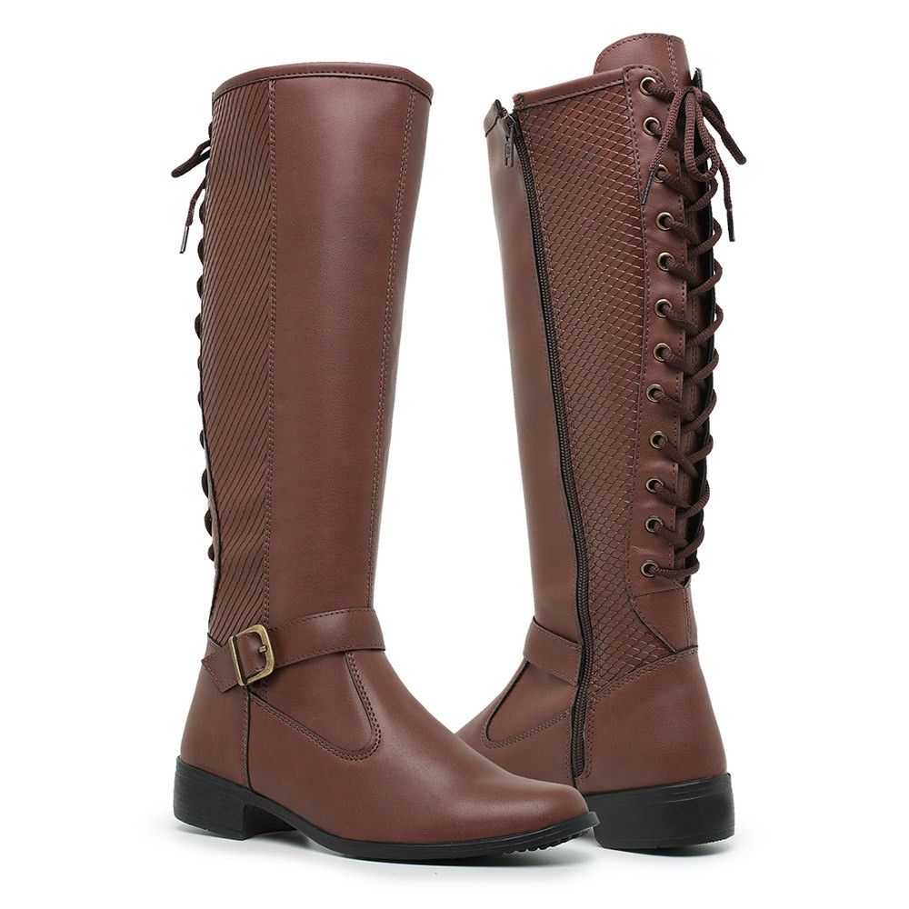 Bota Feminina Montaria Schiareli 11653 Capucino Com Cadarço Atrás