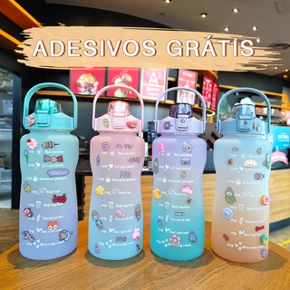 Garrafa de água de 2.000 ml com alça com canudo, à prova de vazamentos, garrafa de água de cor gradiente