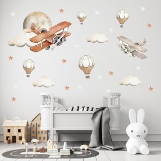 Adesivo de Parede Infantil Aviões Víntage Balões e Nuvens Aquarela Decoração Quarto Bebê