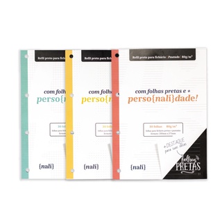 Kit Bloco NALÍ Preto p/ Fichário A4 80g/m2 c/ 30 Folhas (Pautado, Pontilhado e Quadriculado)